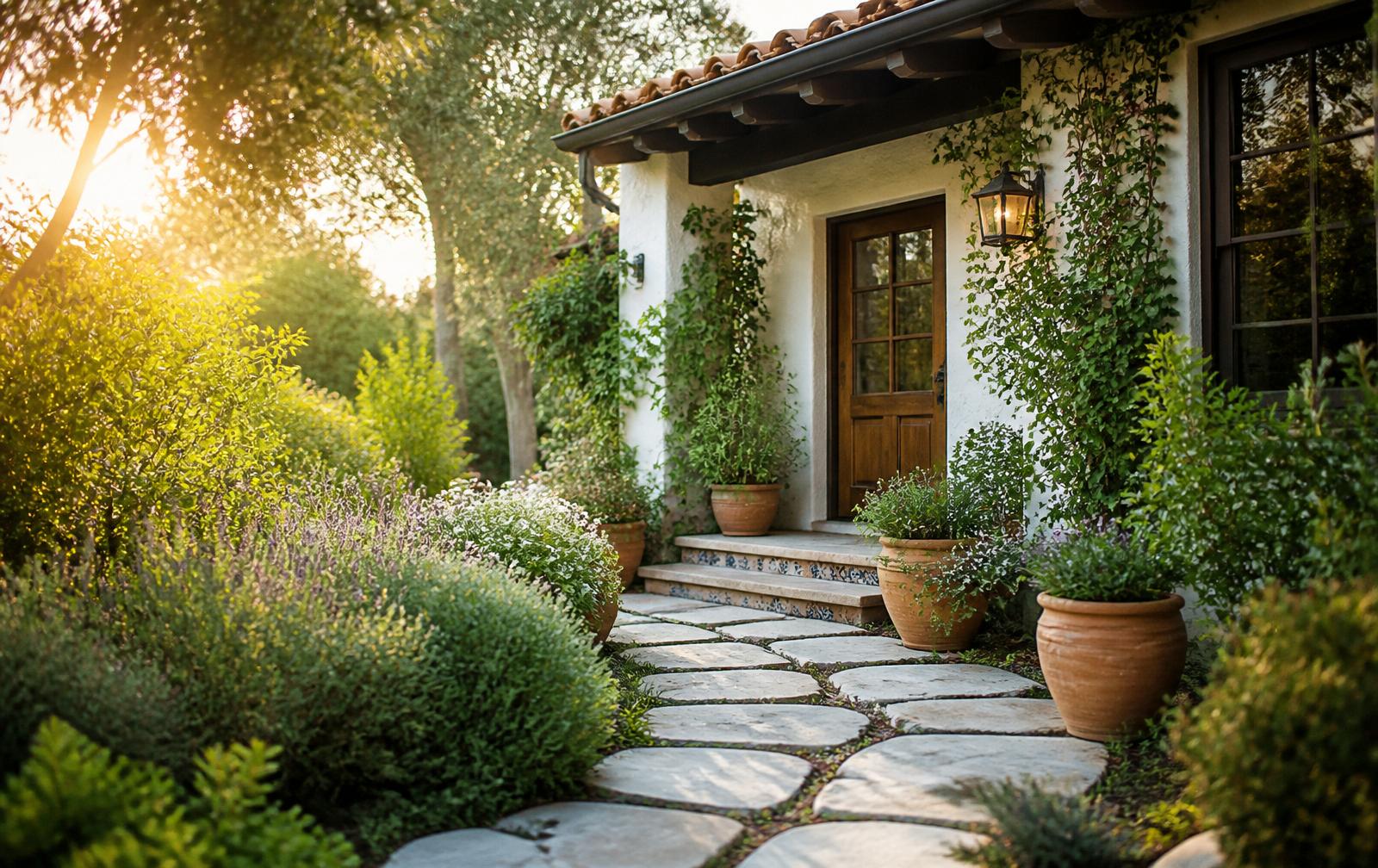 A sunlit kitchen garden with raised beds and a backdrop of mature trees