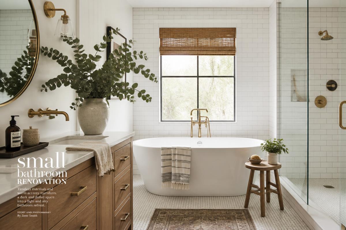A clean, modern bathroom with white tile, brass fixtures, and a wood vanity