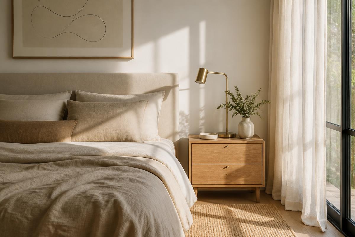 A calm minimalist bedroom with neutral linens and soft morning light