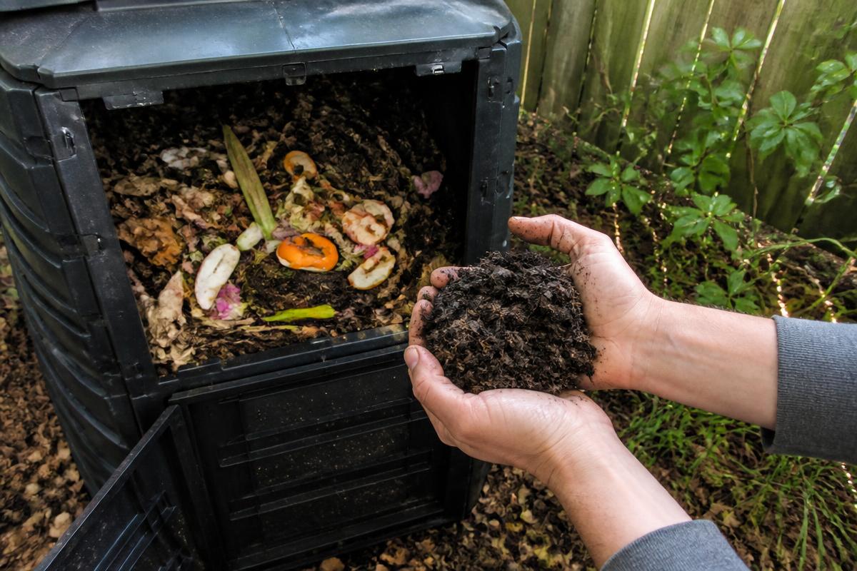 A wooden compost bin filled with garden clippings and kitchen scraps