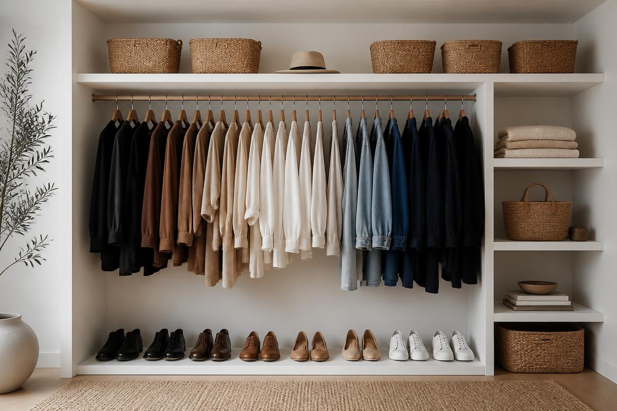 A neatly organized closet with hanging clothes and folded sweaters
