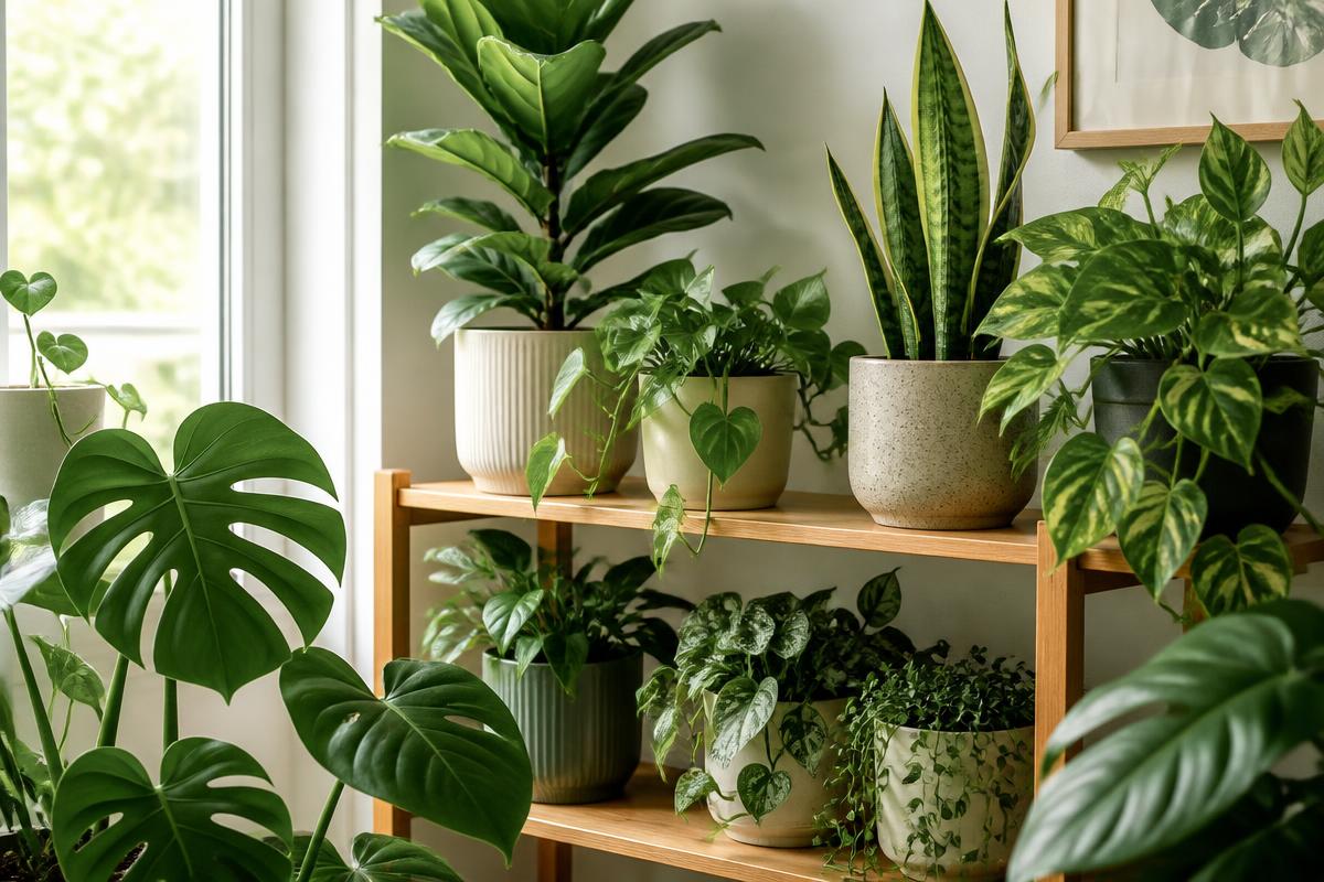 A bright windowsill filled with healthy green houseplants
