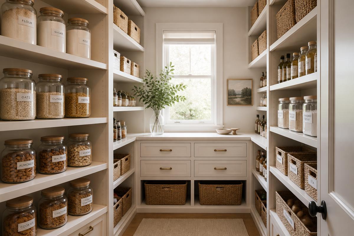 An organized pantry with labeled glass jars and woven baskets