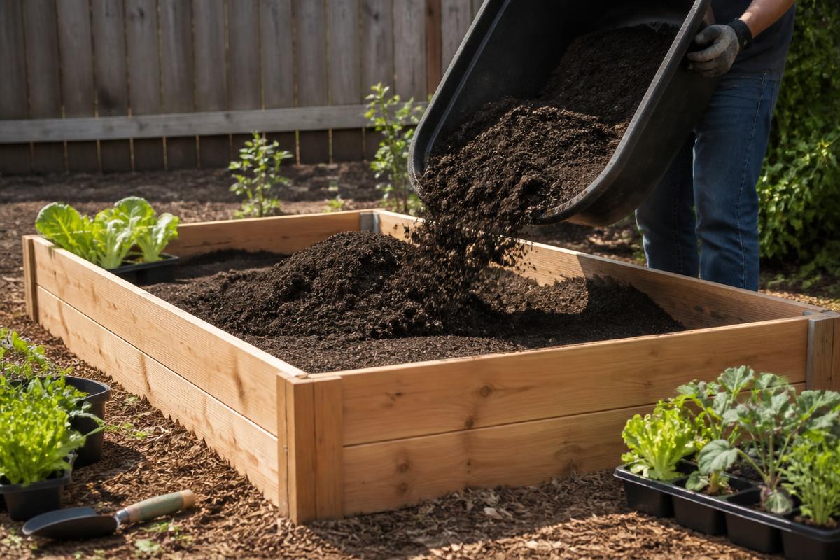 Cedar raised garden beds full of leafy vegetables and herbs in a backyard