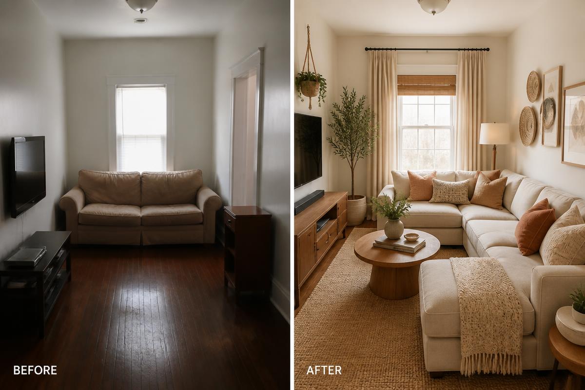 Bright Scandinavian-style small living room with a cream sofa and warm wood floor