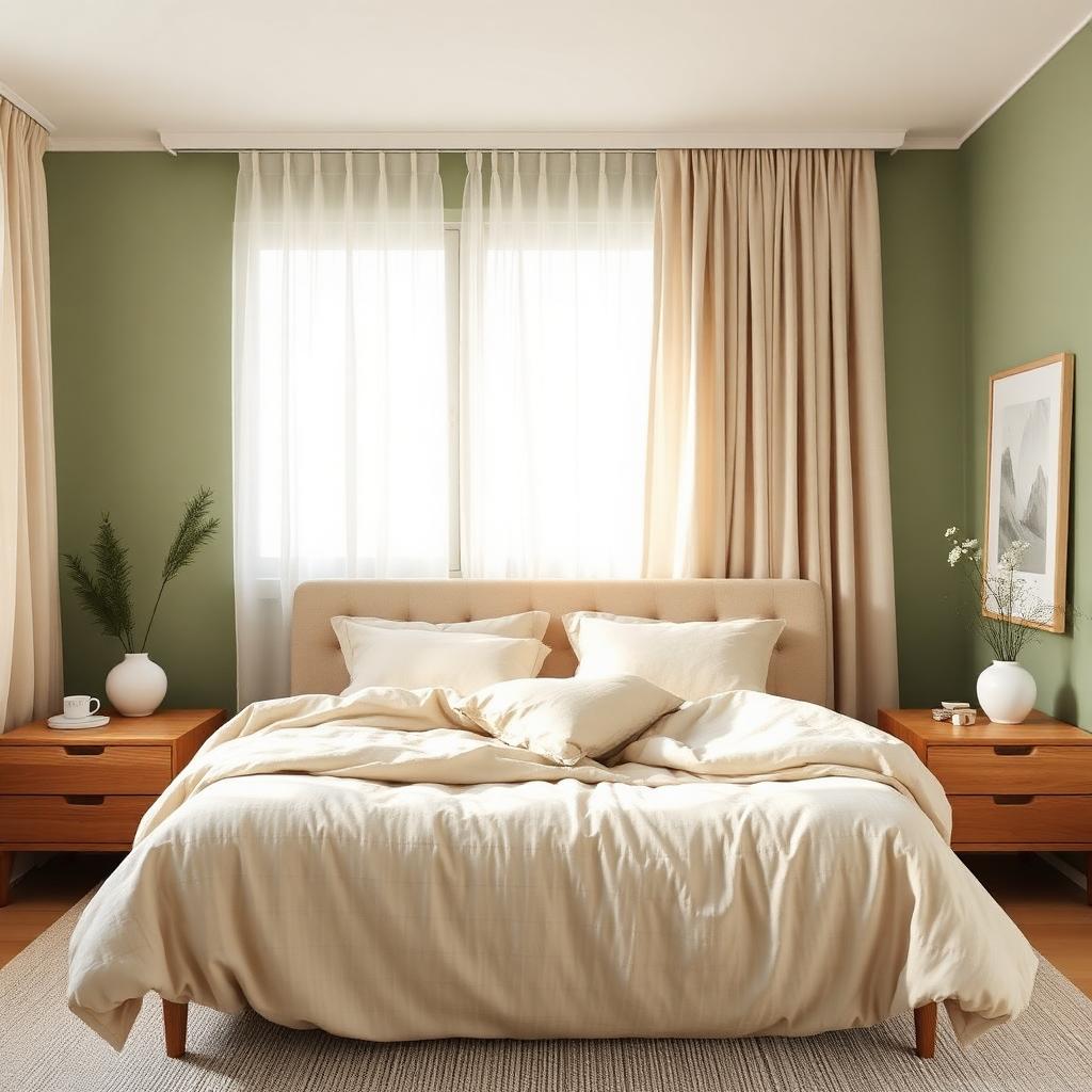 Serene bedroom with sage green walls, linen bedding and oak nightstands