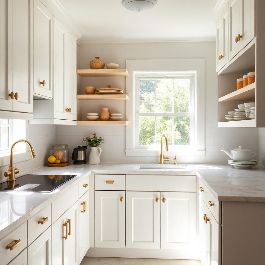 Bright small kitchen with white cabinets, brass hardware, marble counters and open shelving