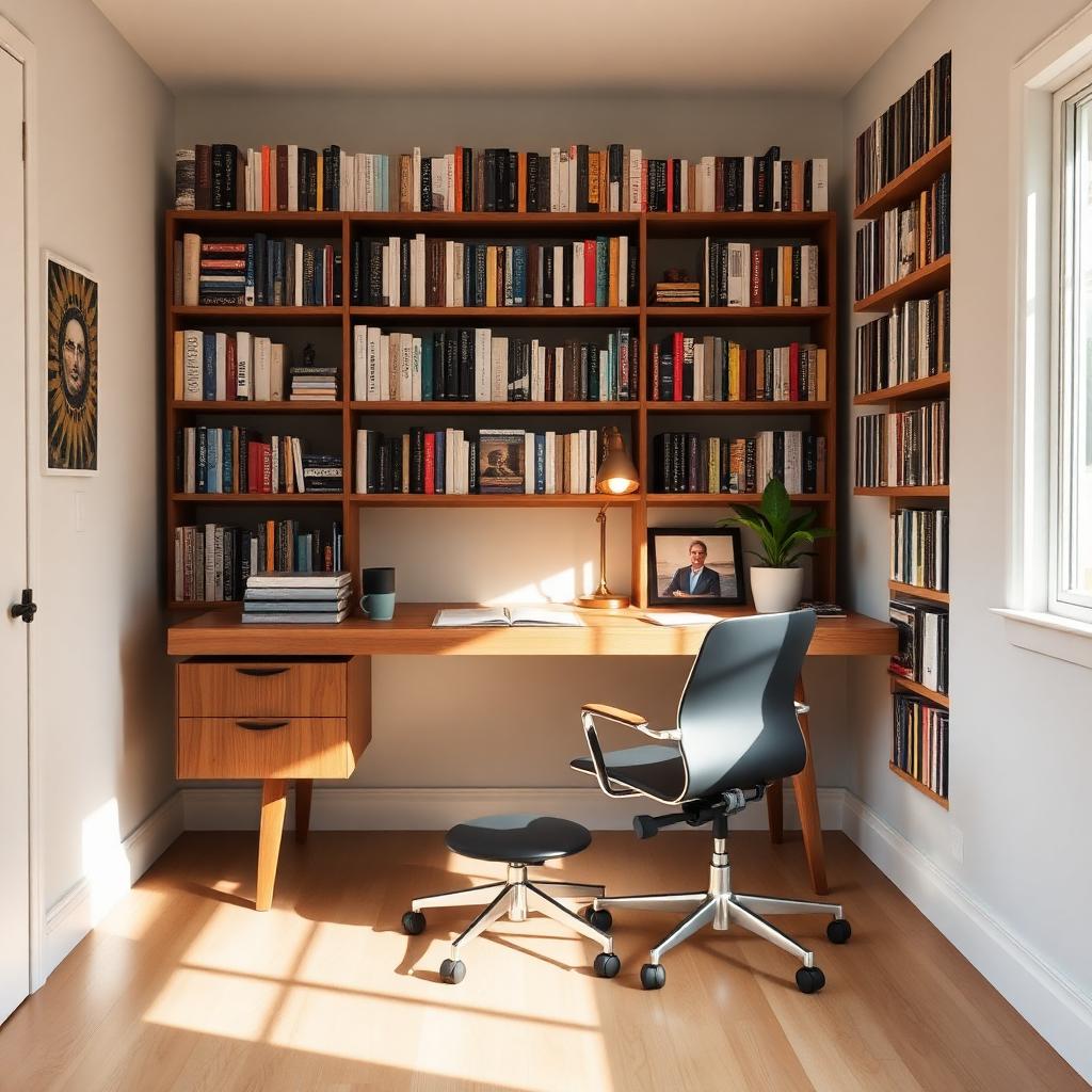 Warm minimalist home office with walnut desk, wall of books and brass task lamp