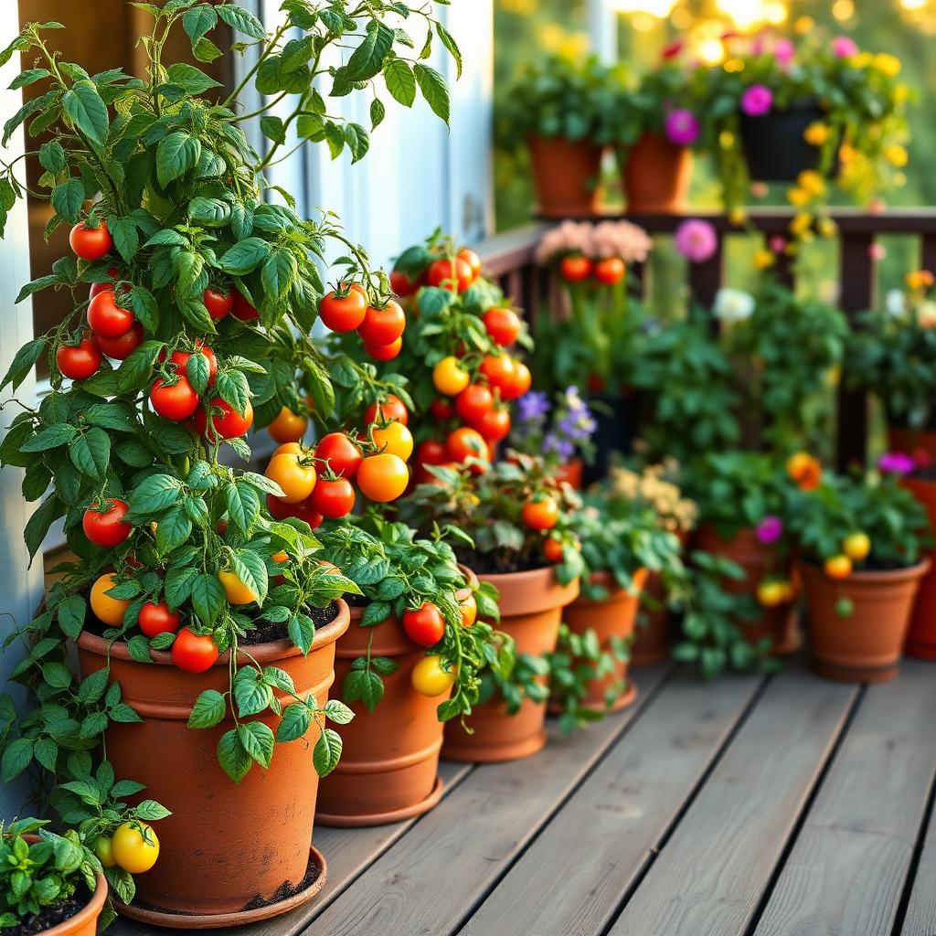 Balcony container garden with terracotta pots of tomatoes, herbs, peppers and flowers