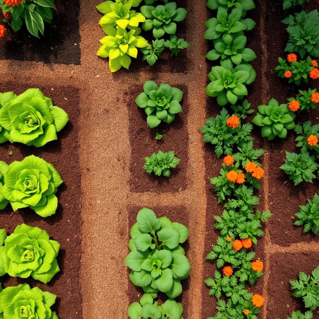 Overhead view of a neatly planned vegetable garden with rows of lettuce, tomatoes and marigolds