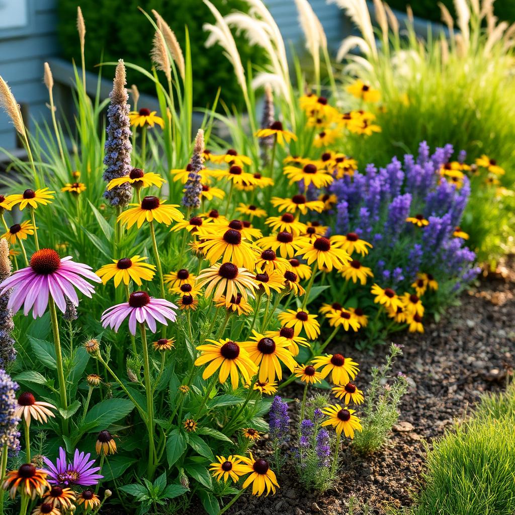 Cottage-style perennial border with coneflowers, black-eyed susans, russian sage and ornamental grasses
