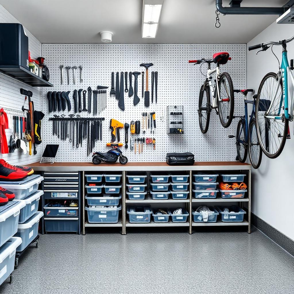 Organized modern garage with pegboard tool wall, labeled clear bins and wall-mounted bikes