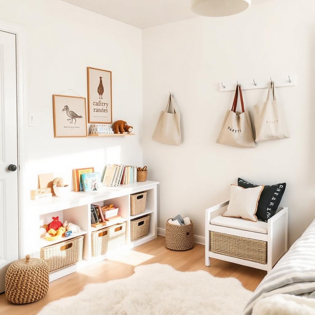 Tidy Scandinavian kids room with low white shelves, labeled woven baskets and a reading nook