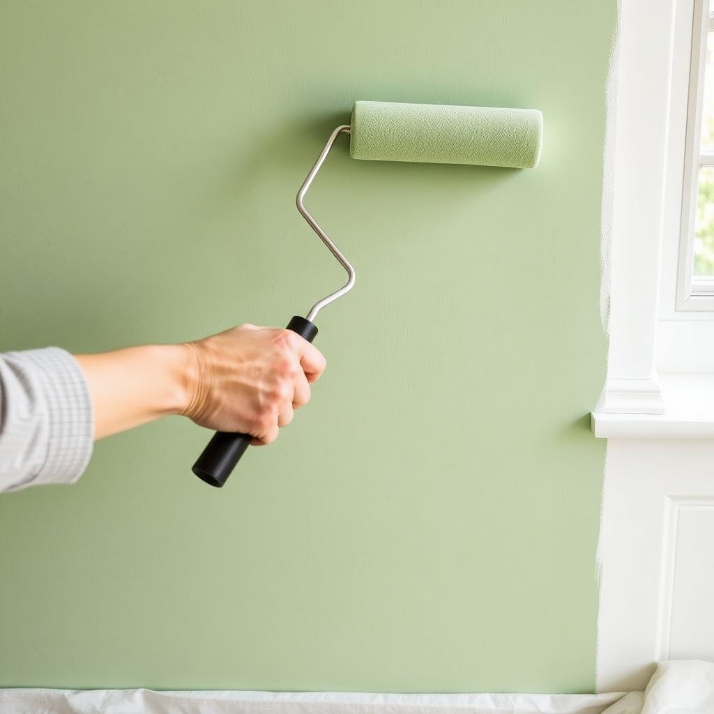Hand rolling fresh sage green paint onto a smooth wall with painter's tape along the trim