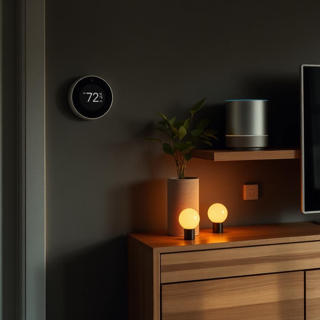 Smart thermostat on a wall next to smart speaker, warm smart bulbs and a wooden console
