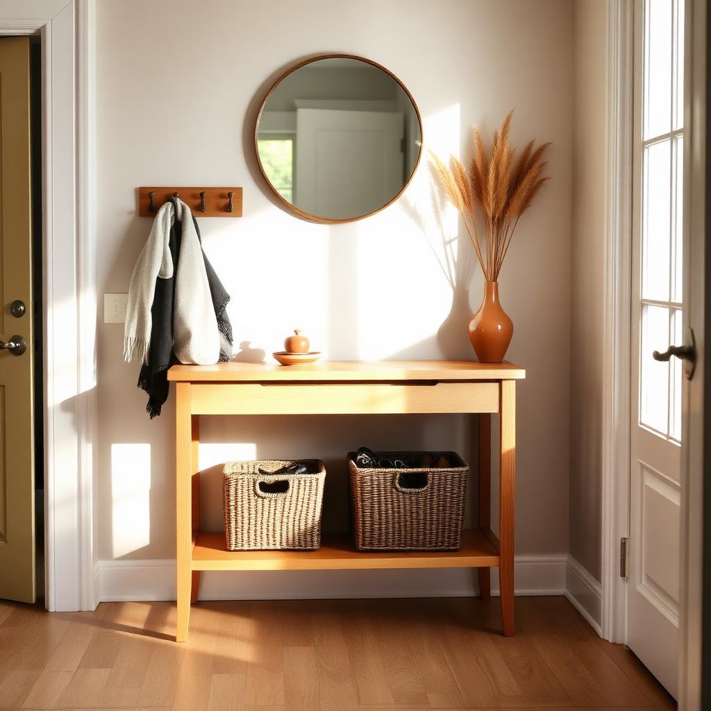 Warm entryway with slim oak console, round mirror, brass hooks, and woven storage baskets